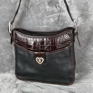 Vintage‎ Brighton Shoulder Bag Square Black Pebbled Leather Croc Trim Heart
